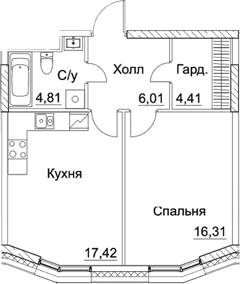 Планировка — СЕЗАР СИТИ, 1-комн., 49 м²