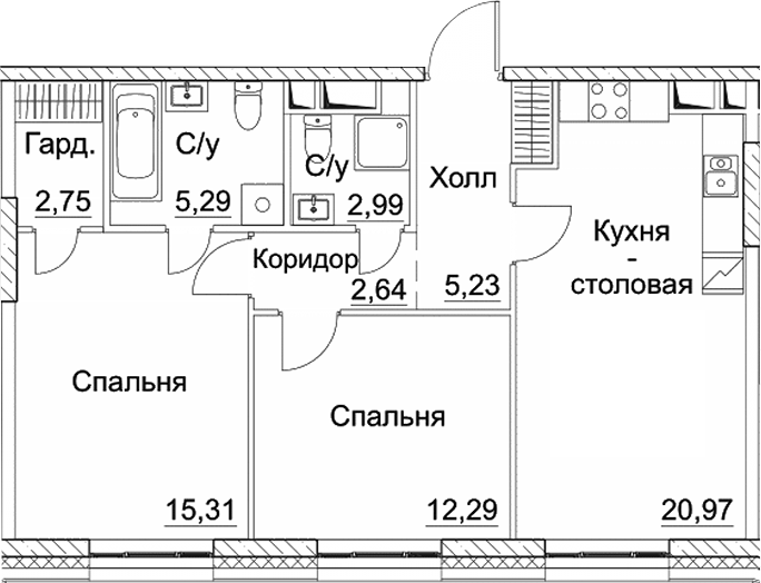 Планировка — СЕЗАР СИТИ, 3-комн., 67 м²