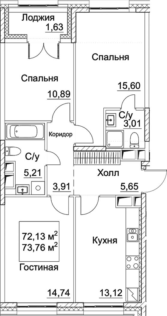 Планировка — СЕЗАР СИТИ, 3-комн., 72 м²