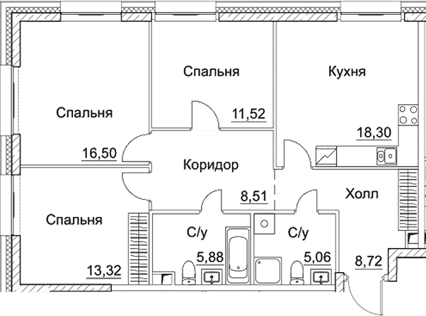 Планировка — СЕЗАР СИТИ, 4-комн., 88 м²