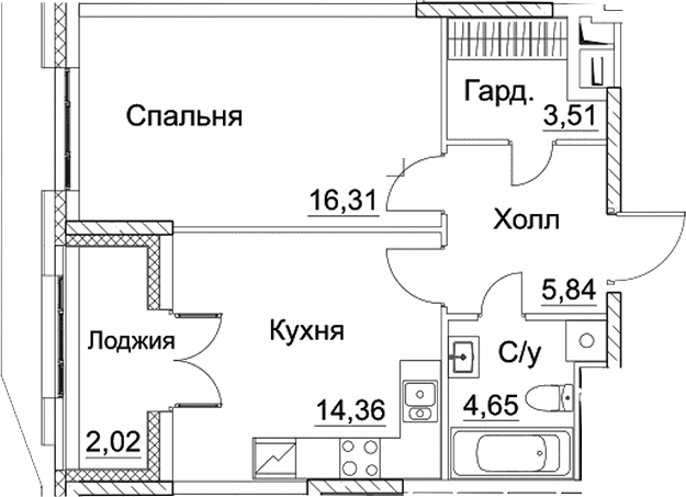 Планировка — СЕЗАР СИТИ, 1-комн., 45 м²