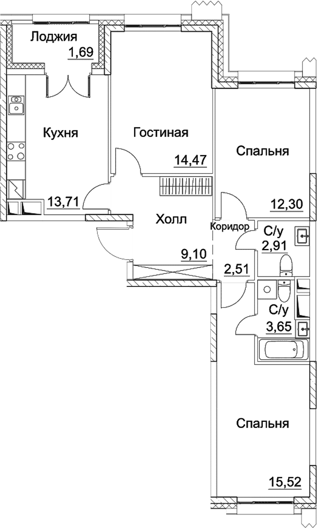 Планировка — СЕЗАР СИТИ, 3-комн., 74 м²