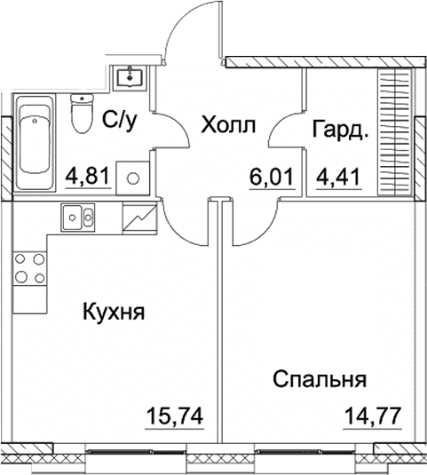 Планировка — СЕЗАР СИТИ, 1-комн., 46 м²
