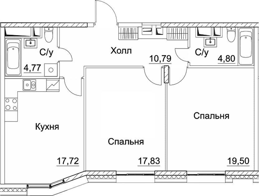 Планировка — СЕЗАР СИТИ, 2-комн., 75 м²