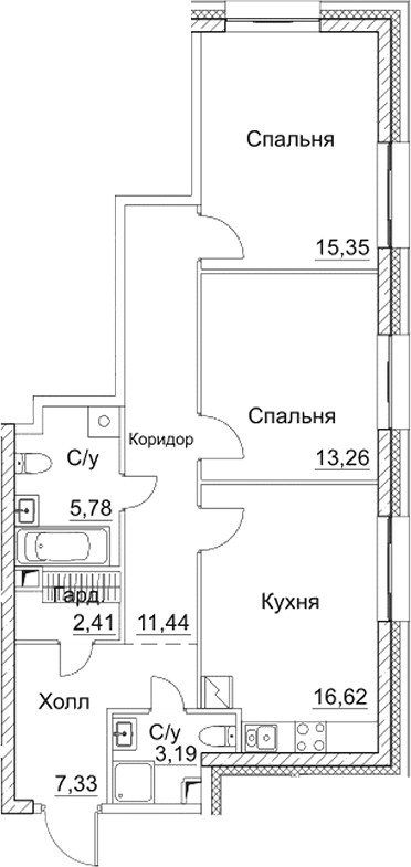 Планировка — СЕЗАР СИТИ, 3-комн., 75 м²