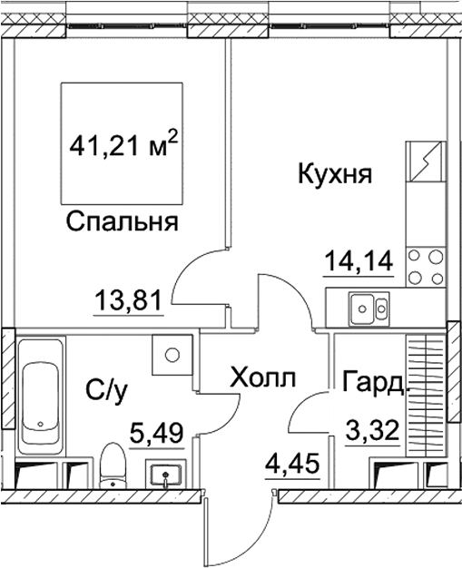 Планировка — СЕЗАР СИТИ, 1-комн., 41 м²