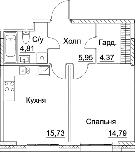 Планировка — СЕЗАР СИТИ, 1-комн., 46 м²