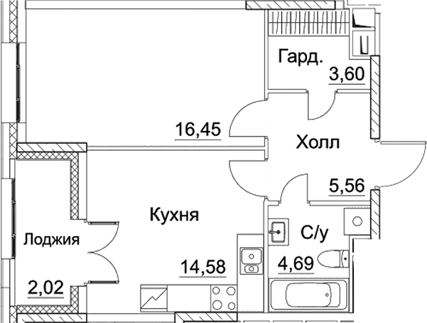 Планировка — СЕЗАР СИТИ, 1-комн., 45 м²