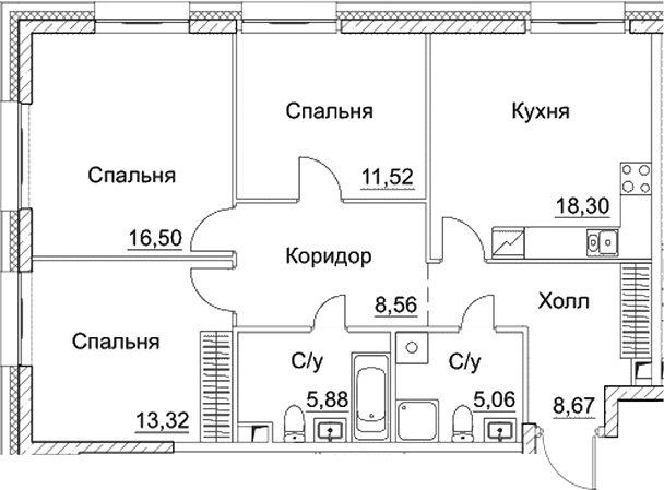 Планировка — СЕЗАР СИТИ, 4-комн., 88 м²