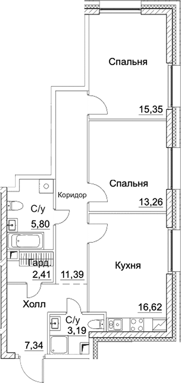 Планировка — СЕЗАР СИТИ, 3-комн., 75 м²