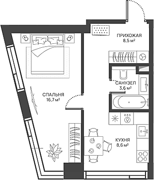 Планировка — СВЕТ, 1-комн., 37 м²