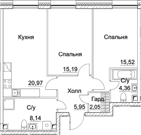 Планировка — СЕЗАР СИТИ, 3-комн., 72 м²