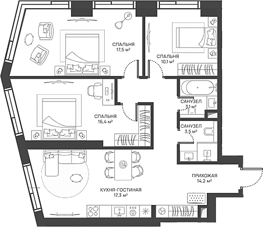 Планировка — СВЕТ, 4-комн., 82 м²