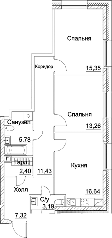 Планировка — СЕЗАР СИТИ, 3-комн., 75 м²