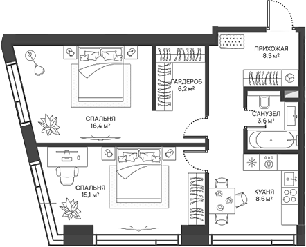 Планировка — СВЕТ, 2-комн., 58 м²