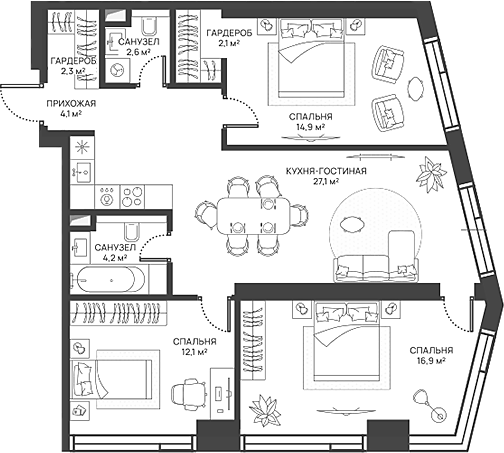 Планировка — СВЕТ, 4-комн., 86 м²