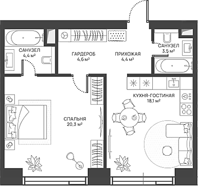 Планировка — СВЕТ, 2-комн., 55 м²