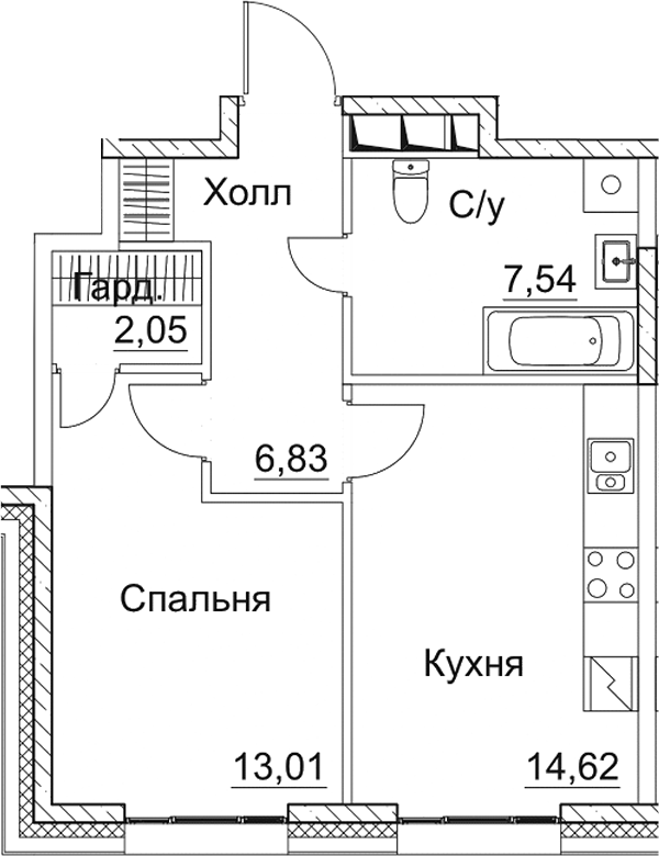 Планировка — СЕЗАР СИТИ, 1-комн., 44 м²