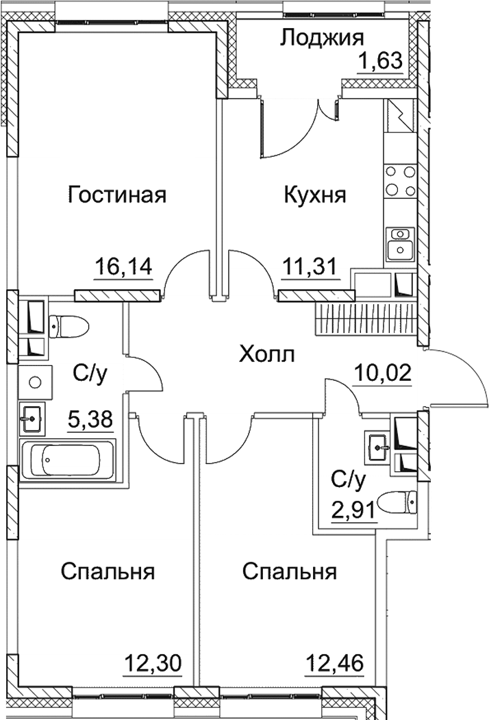 Планировка — СЕЗАР СИТИ, 3-комн., 71 м²