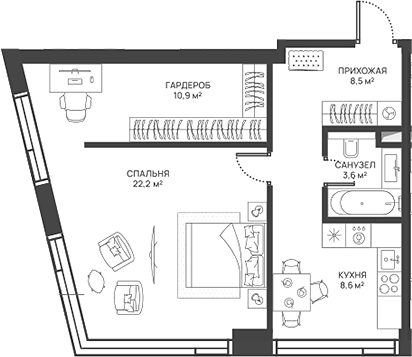 Планировка — СВЕТ, 1-комн., 54 м²