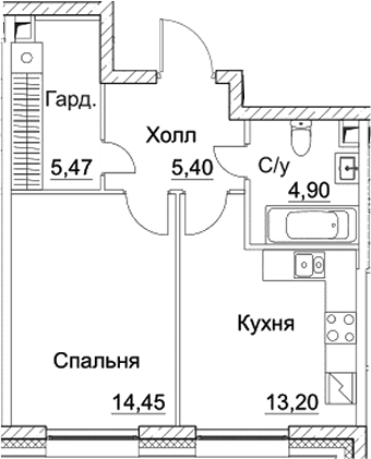 Планировка — СЕЗАР СИТИ, 1-комн., 43 м²