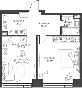 Планировка — СВЕТ, 2-комн., 49 м²