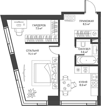 Планировка — СВЕТ, 1-комн., 43 м²