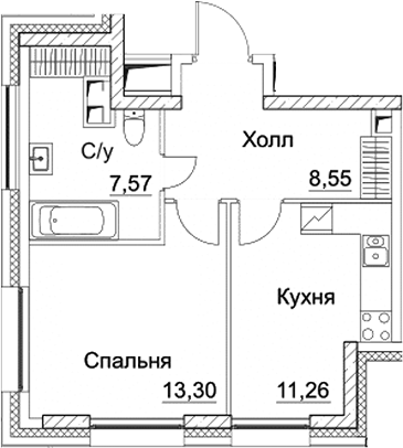 Планировка — СЕЗАР СИТИ, 1-комн., 41 м²