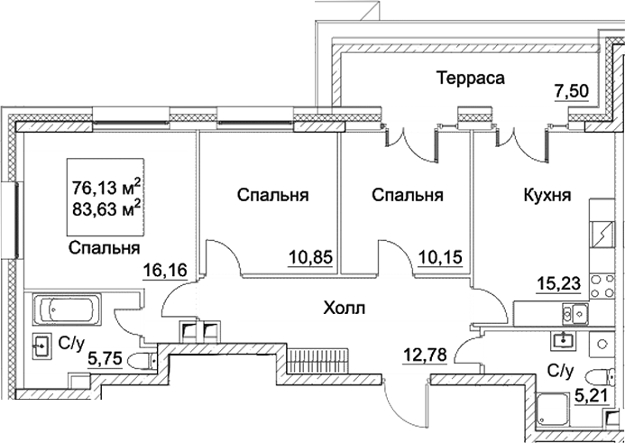 Планировка — СЕЗАР СИТИ, 3-комн., 76 м²