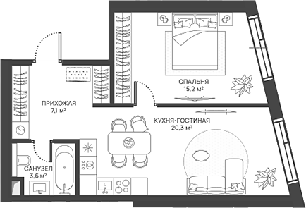 Планировка — СВЕТ, 2-комн., 46 м²