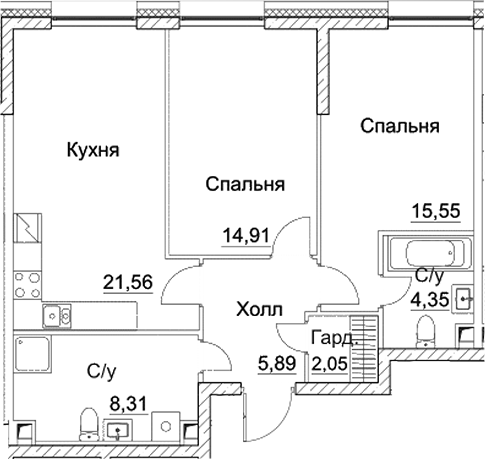 Планировка — СЕЗАР СИТИ, 3-комн., 73 м²