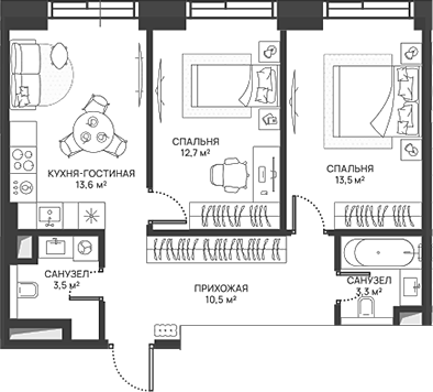 Планировка — СВЕТ, 3-комн., 57 м²