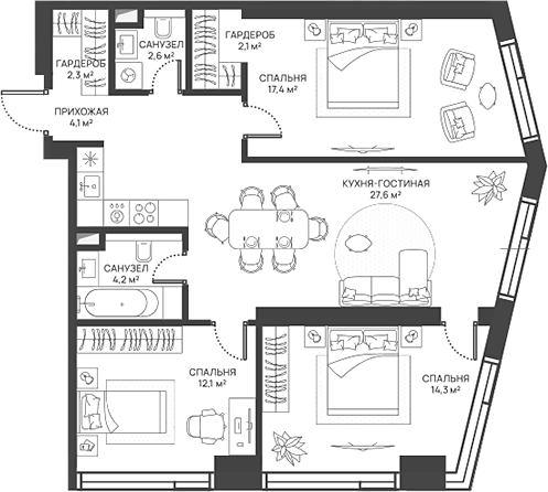Планировка — СВЕТ, 4-комн., 87 м²