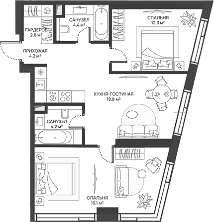 Планировка — СВЕТ, 3-комн., 67 м²