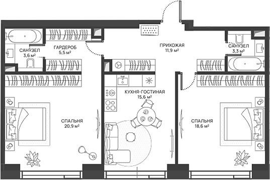Планировка — СВЕТ, 3-комн., 79 м²