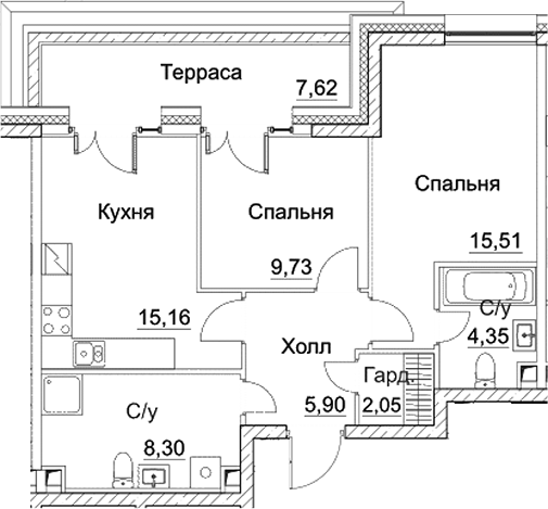 Планировка — СЕЗАР СИТИ, 3-комн., 61 м²