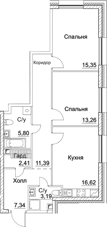 Планировка — СЕЗАР СИТИ, 3-комн., 75 м²