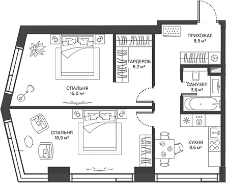 Планировка — СВЕТ, 2-комн., 61 м²
