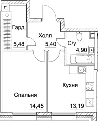 Планировка — СЕЗАР СИТИ, 1-комн., 43 м²