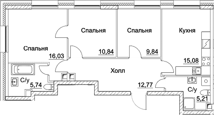 Планировка — СЕЗАР СИТИ, 3-комн., 76 м²