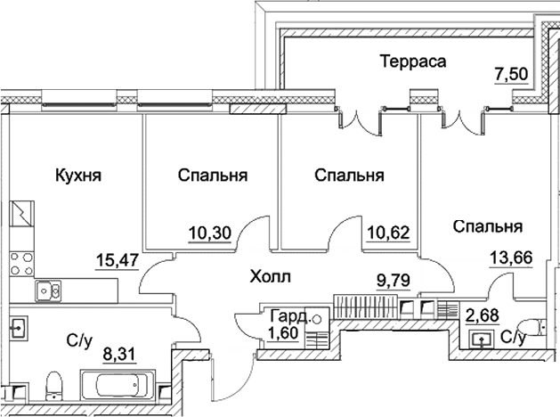 Планировка — СЕЗАР СИТИ, 3-комн., 72 м²