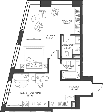 Планировка — СВЕТ, 2-комн., 55 м²