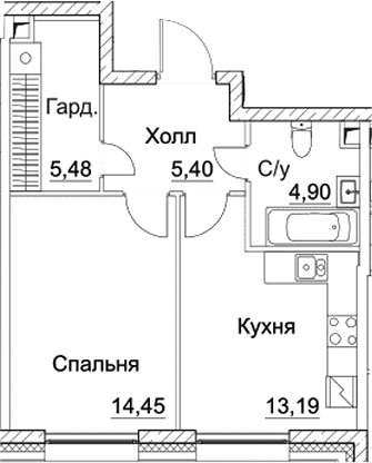 Планировка — СЕЗАР СИТИ, 1-комн., 43 м²