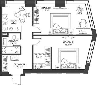 Планировка — СВЕТ, 2-комн., 55 м²
