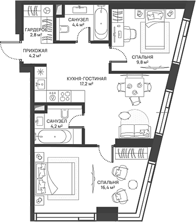 Планировка — СВЕТ, 3-комн., 59 м²