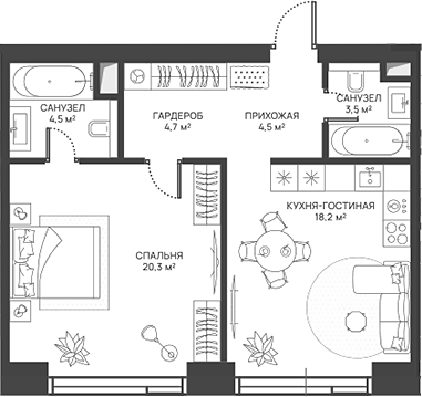 Планировка — СВЕТ, 2-комн., 56 м²
