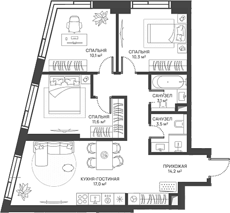 Планировка — СВЕТ, 4-комн., 70 м²