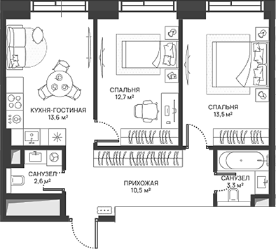 Планировка — СВЕТ, 3-комн., 56 м²