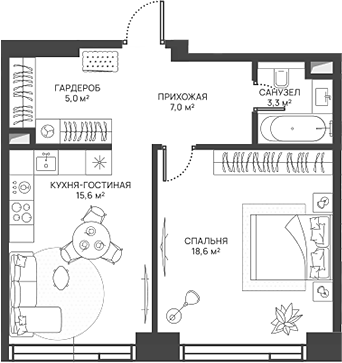 Планировка — СВЕТ, 2-комн., 50 м²