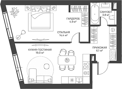 Планировка — СВЕТ, 2-комн., 48 м²